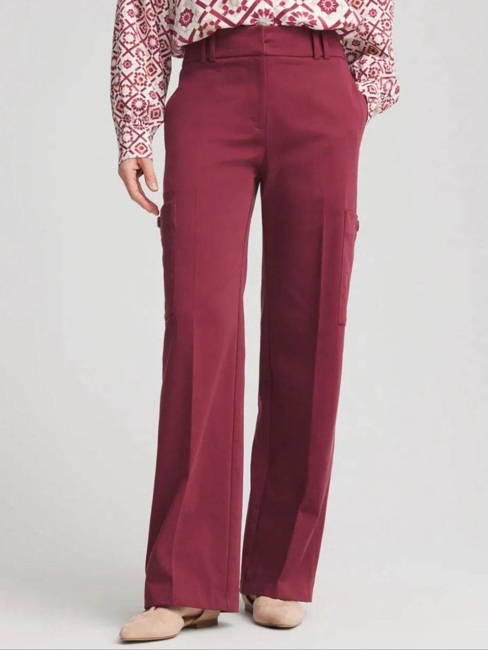 NWT Chico's Fly Front Sateen Cargo Pants Black Currant Burgundy Straight 8 Tall